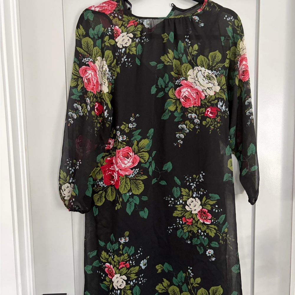LOFT Black Dress with Pink and Green Floral Design
